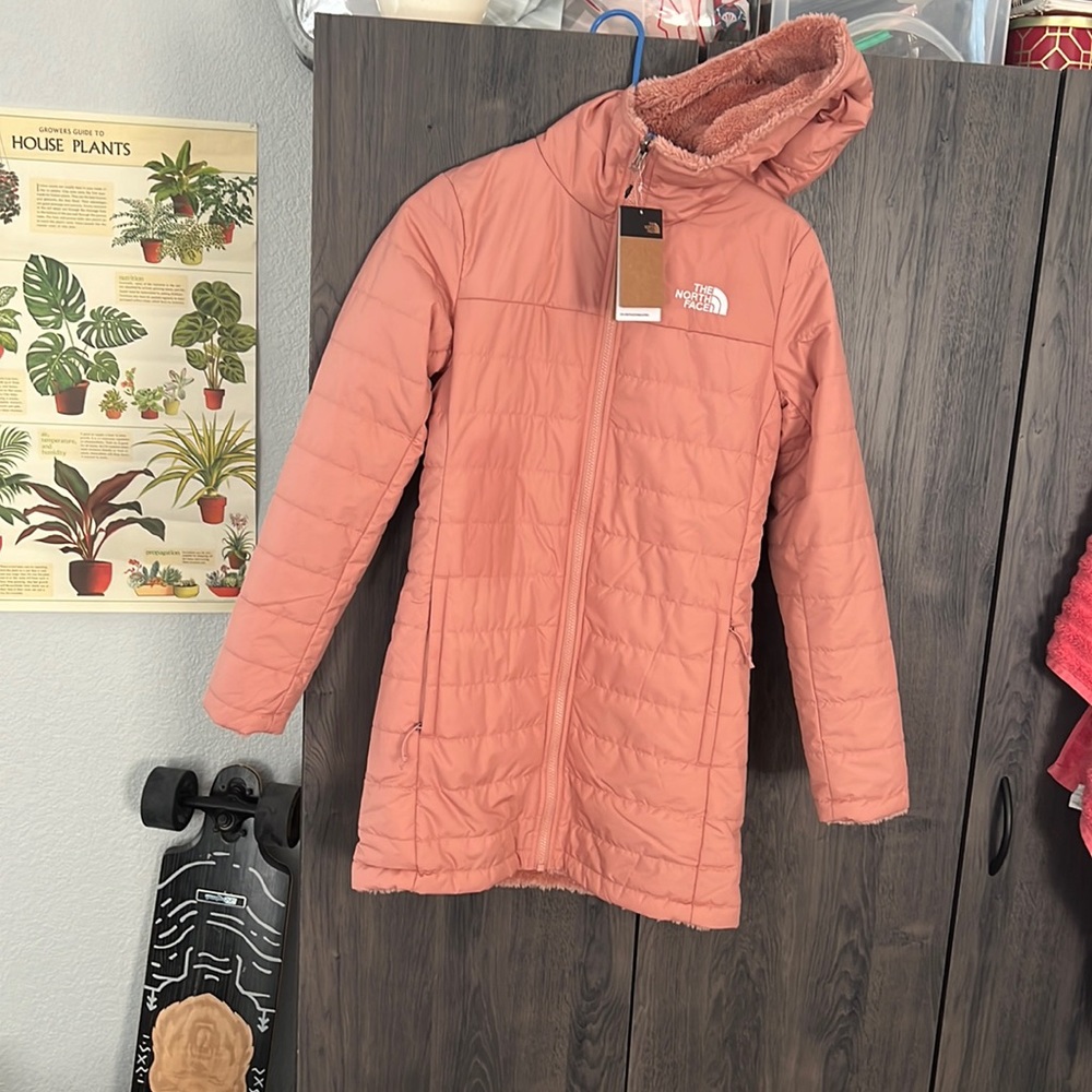 Pink clay north face puffer jacket